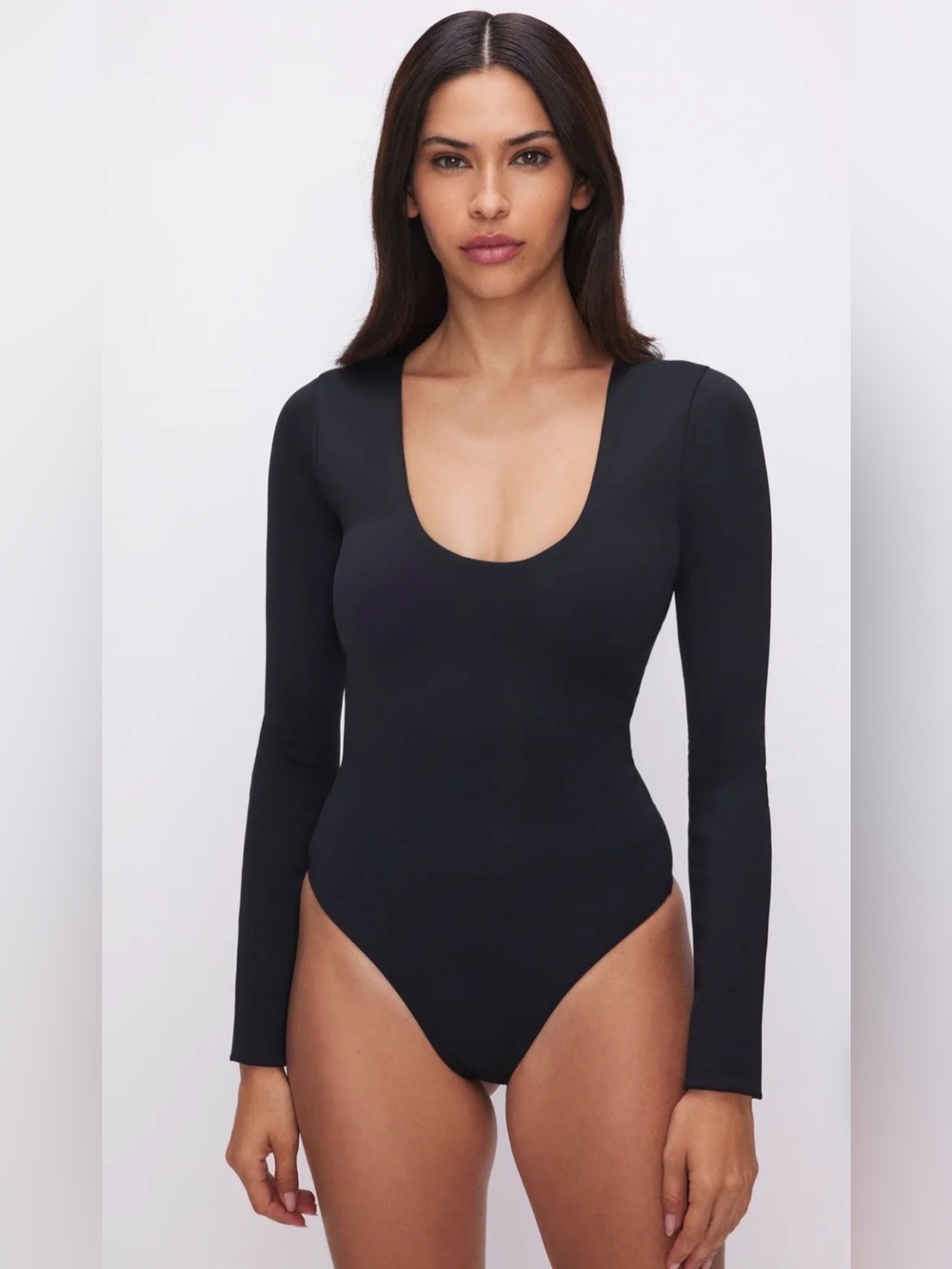 Good American Black Scuba Long-Sleeve Scoop Neck Bodysuit